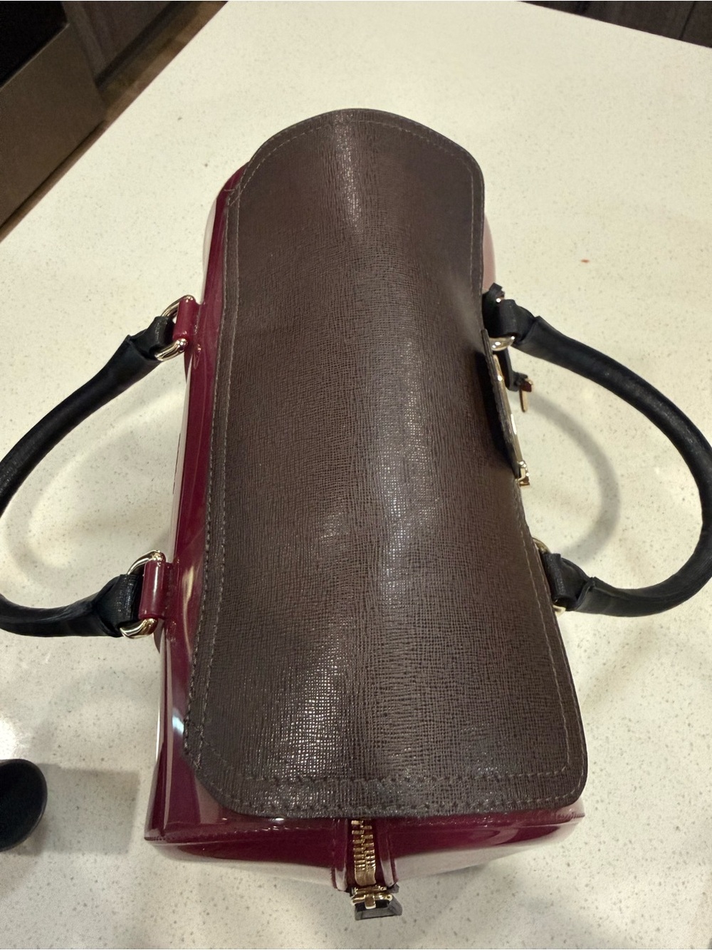 Furla Two-Tone Patent Satchel in Burgundy, Black and Brown - Picture 3 of 9